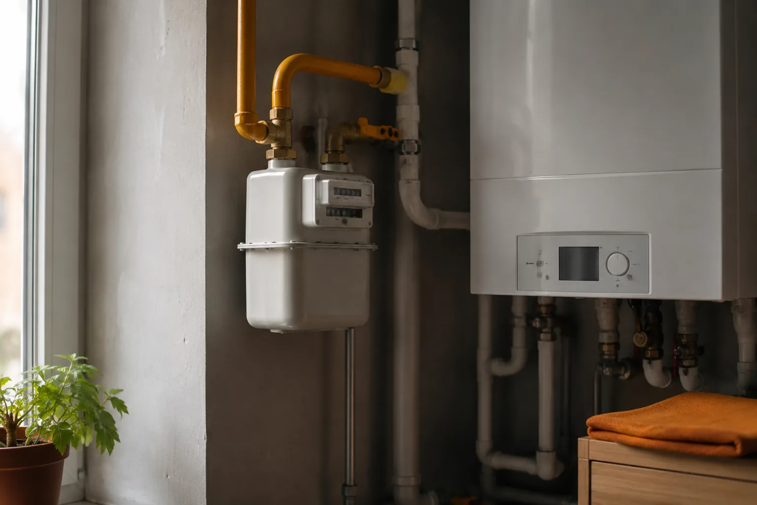 Бытовой газовый счётчик рядом с газовым котлом